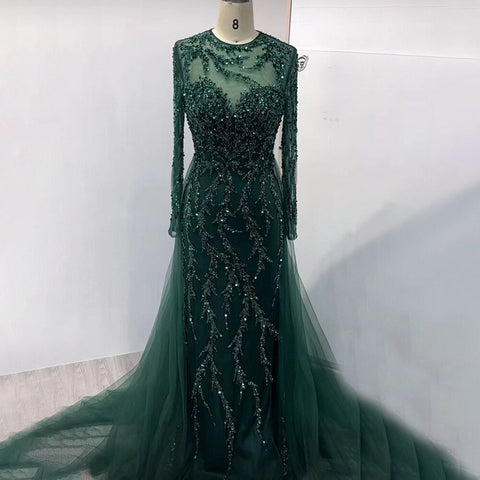 Robe de soirée longue de luxe, style sirène, élégante, verte, en dentelle et perles, pour femmes musulmanes, pour fête de mariage, 2025, LA71653L 
