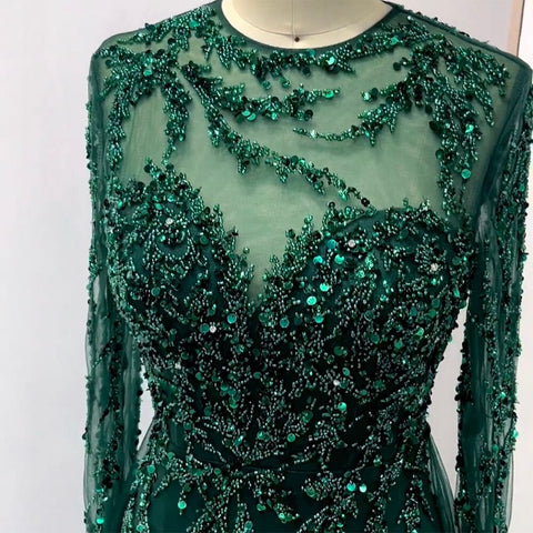 Robe de soirée longue de luxe, style sirène, élégante, verte, en dentelle et perles, pour femmes musulmanes, pour fête de mariage, 2025, LA71653L 