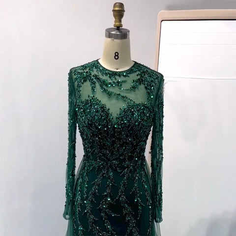 Robe de soirée longue de luxe, style sirène, élégante, verte, en dentelle et perles, pour femmes musulmanes, pour fête de mariage, 2025, LA71653L 