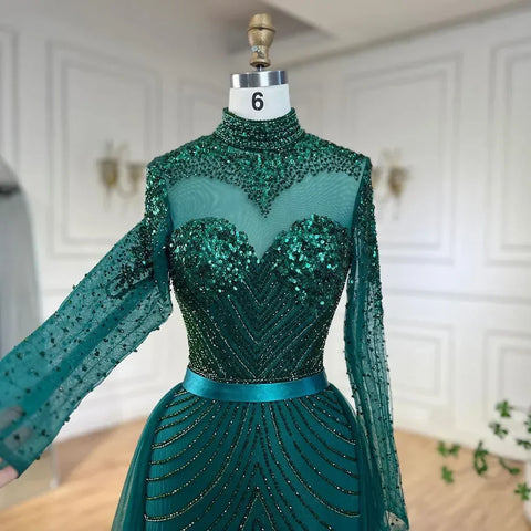 Robe de soirée élégante style sirène verte musulmane, luxueuse, en dentelle et perles, style arabe, pour femmes, pour fête de mariage, 2025, LA71913 