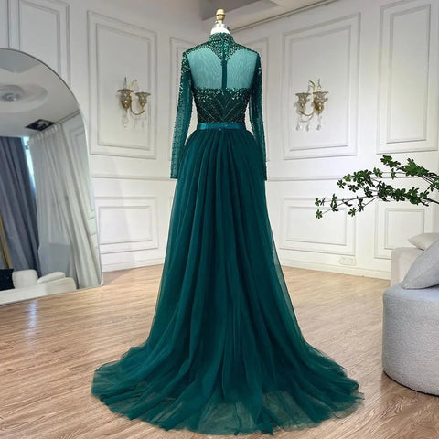 Robe de soirée élégante style sirène verte musulmane, luxueuse, en dentelle et perles, style arabe, pour femmes, pour fête de mariage, 2025, LA71913 