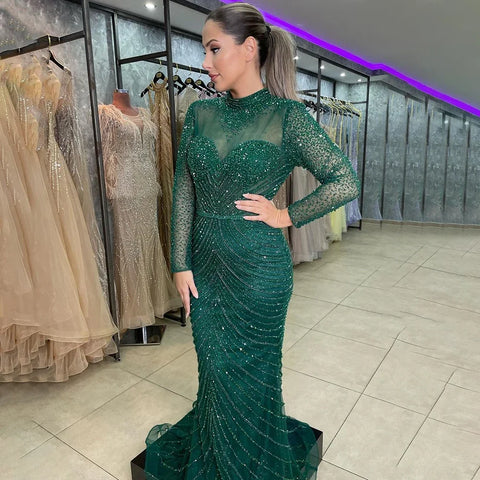 Robe de soirée élégante style sirène verte musulmane, luxueuse, en dentelle et perles, style arabe, pour femmes, pour fête de mariage, 2025, LA71913 