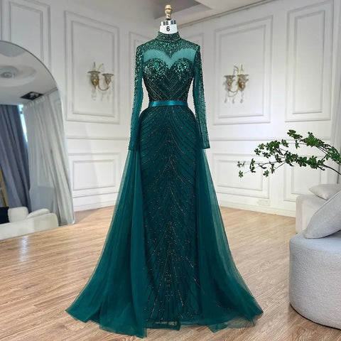 Robe de soirée élégante style sirène verte musulmane, luxueuse, en dentelle et perles, style arabe, pour femmes, pour fête de mariage, 2025, LA71913 