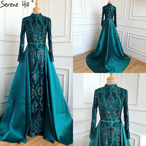 Robe de soirée musulmane verte à manches longues et style sirène pour femme, tenue de soirée à paillettes, grande taille, LA70758, 2025 