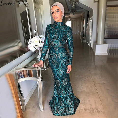 Robe de soirée musulmane verte à manches longues et style sirène pour femme, tenue de soirée à paillettes, grande taille, LA70758, 2025 
