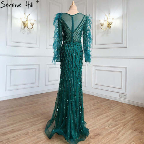 Robe de soirée musulmane verte à plumes et perles, style sirène, luxueuse et élégante, pour femmes, collection 2025, LA71406 