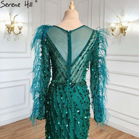 Robe de soirée musulmane verte à plumes et perles, style sirène, luxueuse et élégante, pour femmes, collection 2025, LA71406 