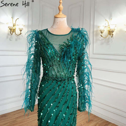 Robe de soirée musulmane verte à plumes et perles, style sirène, luxueuse et élégante, pour femmes, collection 2025, LA71406 