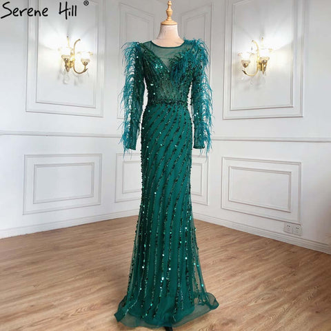 Robe de soirée musulmane verte à plumes et perles, style sirène, luxueuse et élégante, pour femmes, collection 2025, LA71406 