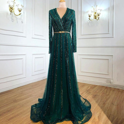 Robe de soirée musulmane verte élégante et luxueuse, manches longues, perles, pour femmes, LA70790, 2025 