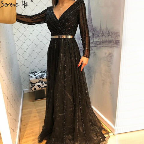 Robe de soirée musulmane verte élégante et luxueuse, manches longues, perles, pour femmes, LA70790, 2025 