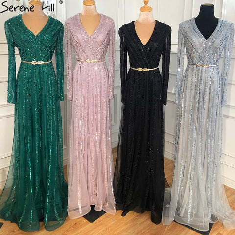 Robe de soirée musulmane verte élégante et luxueuse, manches longues, perles, pour femmes, LA70790, 2025 