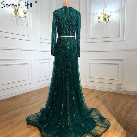Robe de soirée musulmane verte élégante et luxueuse, manches longues, perles, pour femmes, LA70790, 2025 