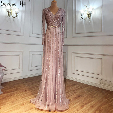 Robe de soirée musulmane verte élégante et luxueuse, manches longues, perles, pour femmes, LA70790, 2025 