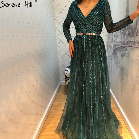 Robe de soirée musulmane verte élégante et luxueuse, manches longues, perles, pour femmes, LA70790, 2025 