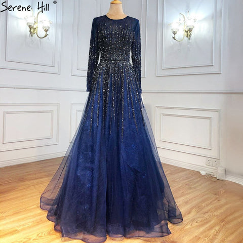 Robe de soirée de luxe verte musulmane, coupe trapèze, manches longues, perles, pour femmes, LA70927, 2025 