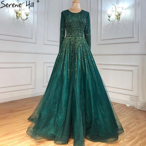 Robe de soirée de luxe verte musulmane, coupe trapèze, manches longues, perles, pour femmes, LA70927, 2025 