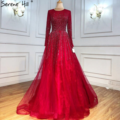 Robe de soirée de luxe verte musulmane, coupe trapèze, manches longues, perles, pour femmes, LA70927, 2025 