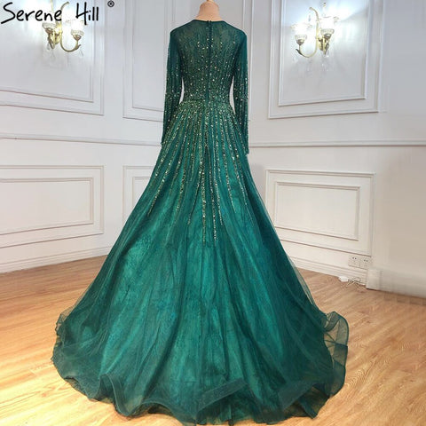 Robe de soirée de luxe verte musulmane, coupe trapèze, manches longues, perles, pour femmes, LA70927, 2025 