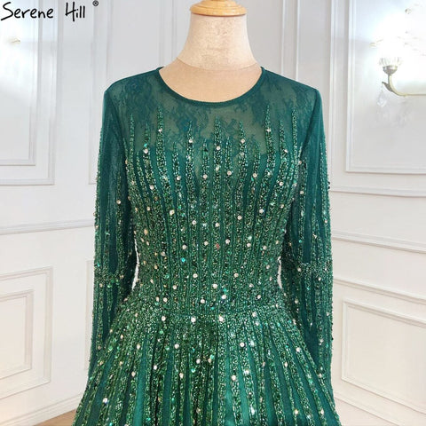 Robe de soirée de luxe verte musulmane, coupe trapèze, manches longues, perles, pour femmes, LA70927, 2025 