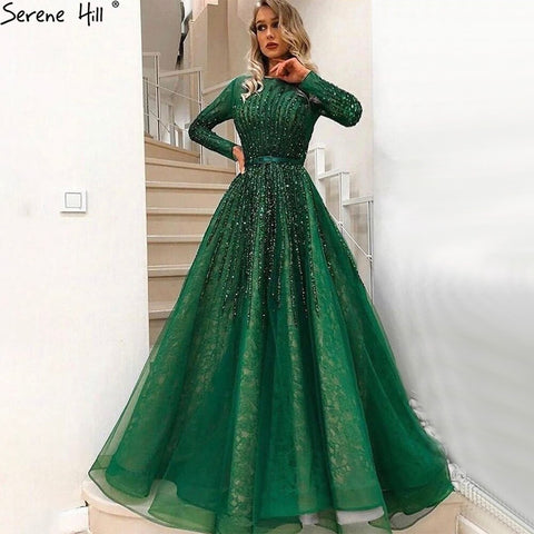 Robe de soirée de luxe verte musulmane, coupe trapèze, manches longues, perles, pour femmes, LA70927, 2025 