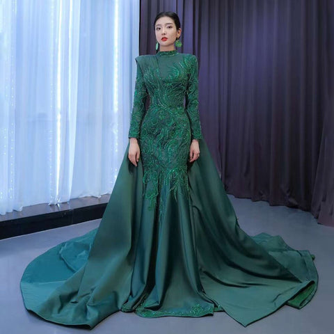 Robe de mariée sirène verte musulmane, jupe amovible en dentelle et perles, robe de mariée haut de gamme sur mesure, HM67496, 2025 