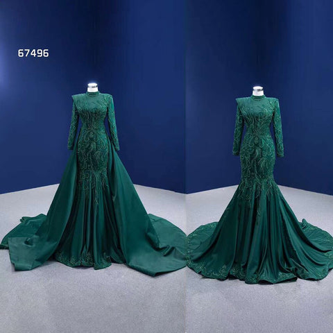 Robe de mariée sirène verte musulmane, jupe amovible en dentelle et perles, robe de mariée haut de gamme sur mesure, HM67496, 2025 