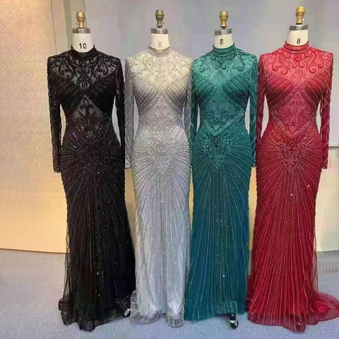 Musulman vert sirène élégant col haut luxe perlé robes de soirée robes 2025 فساتين نسائية شحن مجاني LA71776 