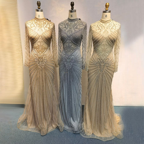 Robe de soirée sirène verte musulmane élégante à col haut et perles de luxe, tenue de soirée pour femmes, LA71776, 2025 