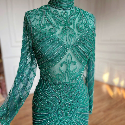 Robe de soirée sirène verte musulmane élégante à col haut et perles de luxe, tenue de soirée pour femmes, LA71776, 2025 