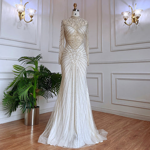 Robe de soirée sirène verte musulmane élégante à col haut et perles de luxe, tenue de soirée pour femmes, LA71776, 2025 