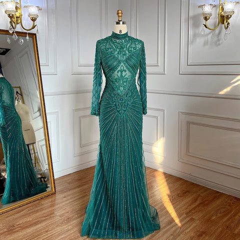 Robe de soirée sirène verte musulmane élégante à col haut et perles de luxe, tenue de soirée pour femmes, LA71776, 2025 