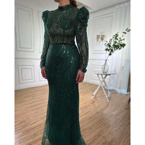 Robe de soirée longue style sirène verte, élégante et luxueuse, avec perles, style arabe, pour femmes, tenue de mariage, 2025, LA72134 