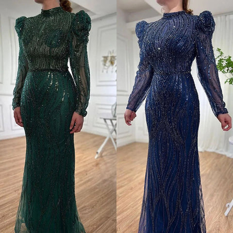 Robe de soirée longue style sirène verte, élégante et luxueuse, avec perles, style arabe, pour femmes, tenue de mariage, 2025, LA72134 