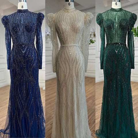 Robe de soirée longue style sirène verte, élégante et luxueuse, avec perles, style arabe, pour femmes, tenue de mariage, 2025, LA72134 