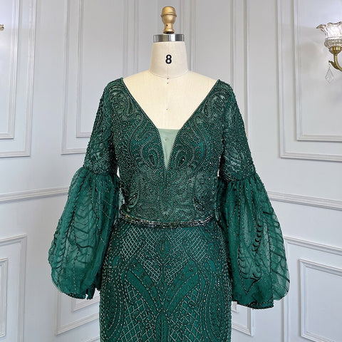 Robe de soirée sirène verte musulmane élégante, manches bouffantes, col en V, luxueuse, perlée, pour femmes, LA71744 