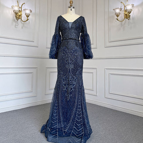 Robe de soirée sirène verte musulmane élégante, manches bouffantes, col en V, luxueuse, perlée, pour femmes, LA71744 