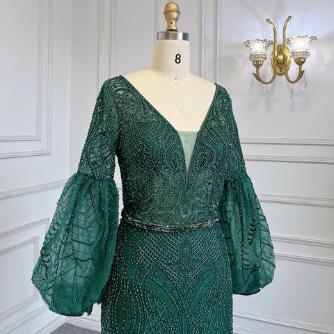 Robe de soirée sirène verte musulmane élégante, manches bouffantes, col en V, luxueuse, perlée, pour femmes, LA71744 