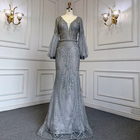 Robe de soirée sirène verte musulmane élégante, manches bouffantes, col en V, luxueuse, perlée, pour femmes, LA71744 