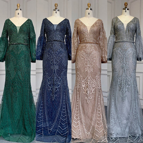 Robe de soirée sirène verte musulmane élégante, manches bouffantes, col en V, luxueuse, perlée, pour femmes, LA71744 