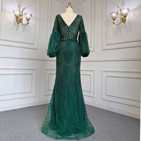 Robe de soirée sirène verte musulmane élégante, manches bouffantes, col en V, luxueuse, perlée, pour femmes, LA71744 
