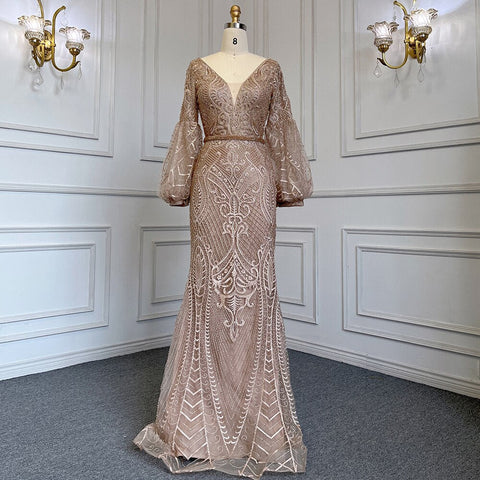 Robe de soirée sirène verte musulmane élégante, manches bouffantes, col en V, luxueuse, perlée, pour femmes, LA71744 