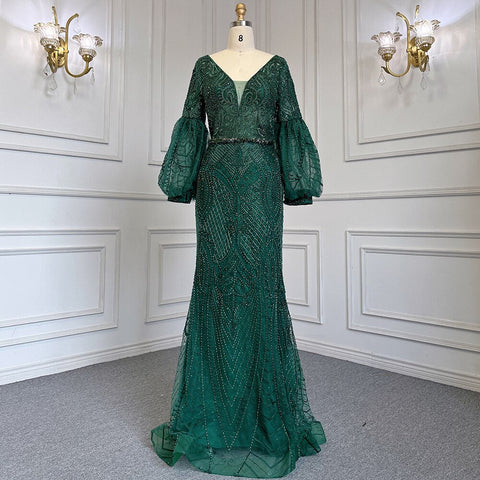 Robe de soirée sirène verte musulmane élégante, manches bouffantes, col en V, luxueuse, perlée, pour femmes, LA71744 