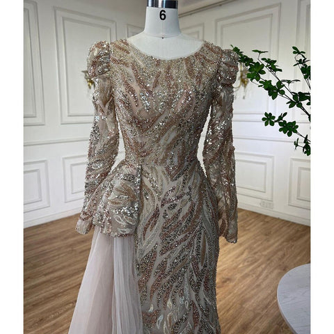 Robe de soirée sirène verte musulmane élégante avec dentelle sexy et perles, luxueuse robe de soirée pour femmes, 2025, LA72123 
