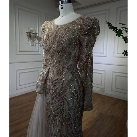 Robe de soirée sirène verte musulmane élégante avec dentelle sexy et perles, luxueuse robe de soirée pour femmes, 2025, LA72123 