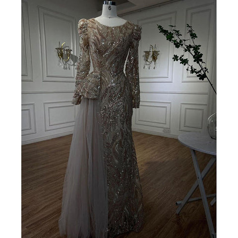 Robe de soirée sirène verte musulmane élégante avec dentelle sexy et perles, luxueuse robe de soirée pour femmes, 2025, LA72123 