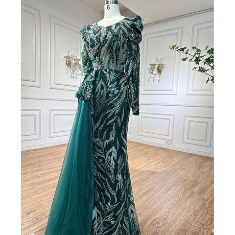 Robe de soirée sirène verte musulmane élégante avec dentelle sexy et perles, luxueuse robe de soirée pour femmes, 2025, LA72123 