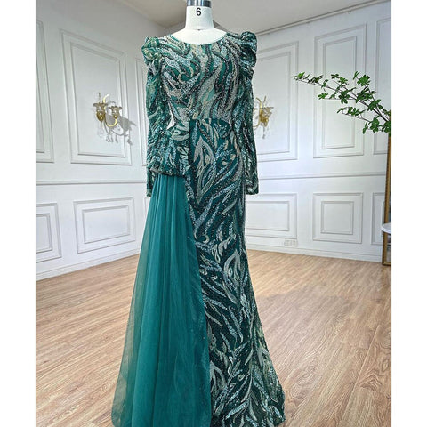Robe de soirée sirène verte musulmane élégante avec dentelle sexy et perles, luxueuse robe de soirée pour femmes, 2025, LA72123 