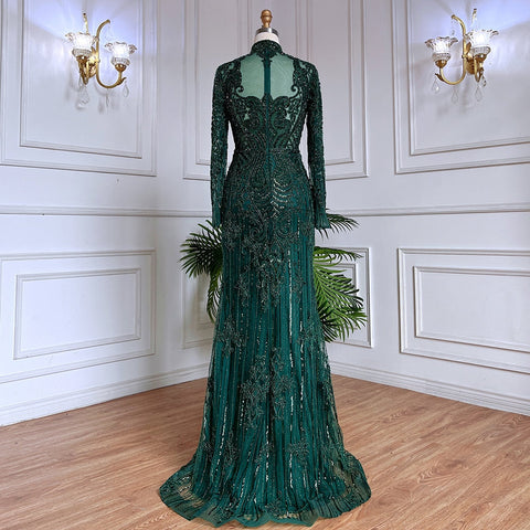 Robe de soirée sirène verte musulmane en dentelle et perles de cristal, luxueuse robe de soirée de Dubaï pour femmes, pour fête de mariage, 2025, LA71983 