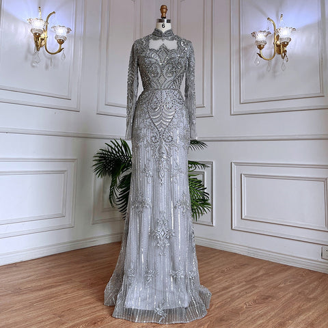 Robe de soirée sirène verte musulmane en dentelle et perles de cristal, luxueuse robe de soirée de Dubaï pour femmes, pour fête de mariage, 2025, LA71983 